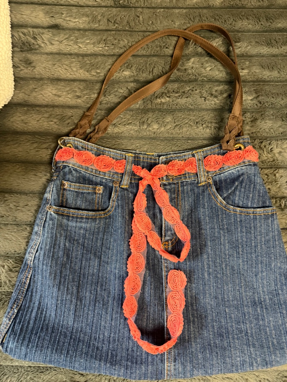 Denim Shoulder Bag with Coral Rose Trim